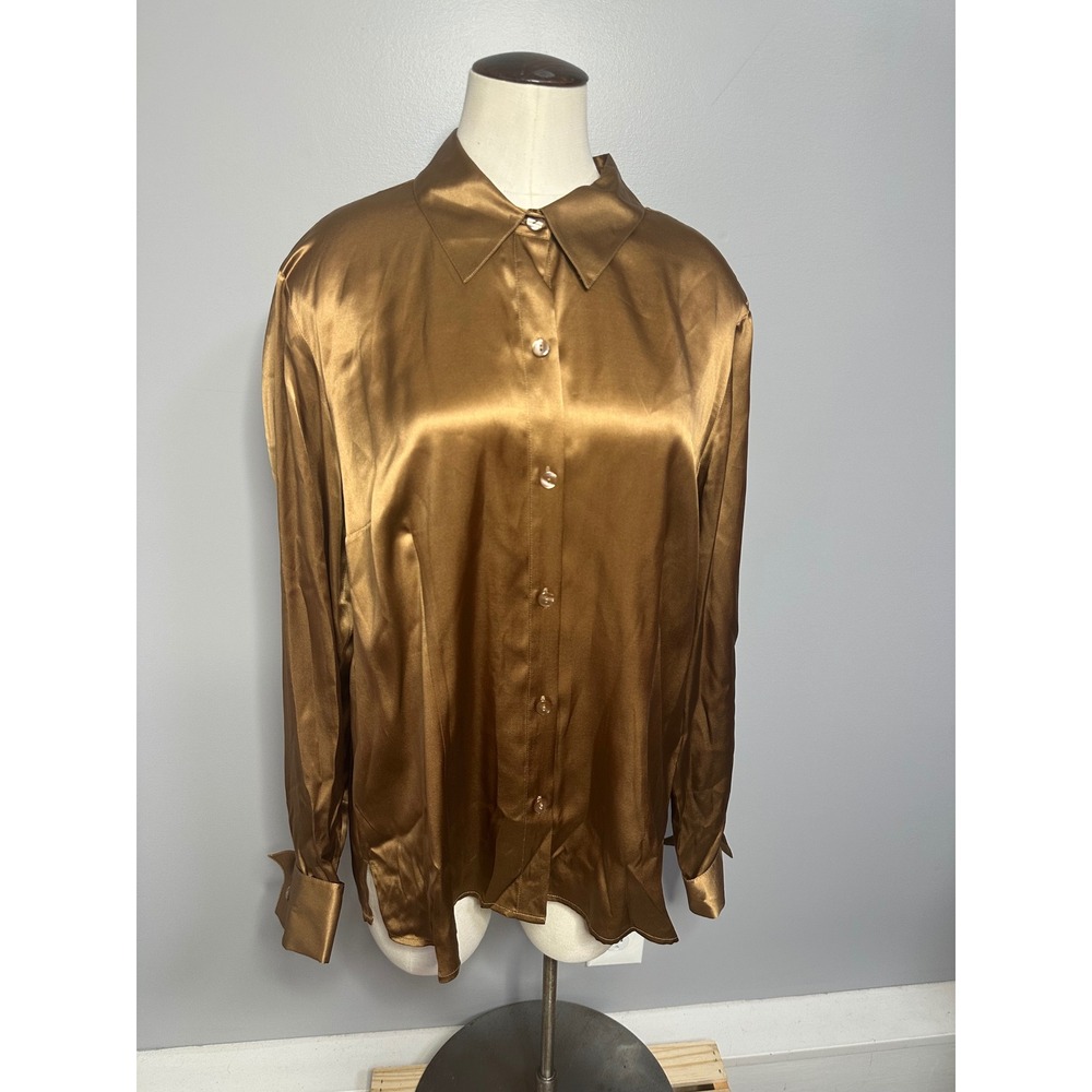 Worthington Gold 100% Silk Satin Button Down Blouse French Cuff NWT Large